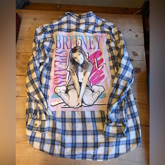 Custom Britney Spears Up cycled Plaid Button Down Shirt with Graphic Print - Picture 1 of 2